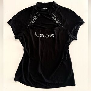 Y2k Bebe Black Shirt with rhinestone bling Logo cutout center